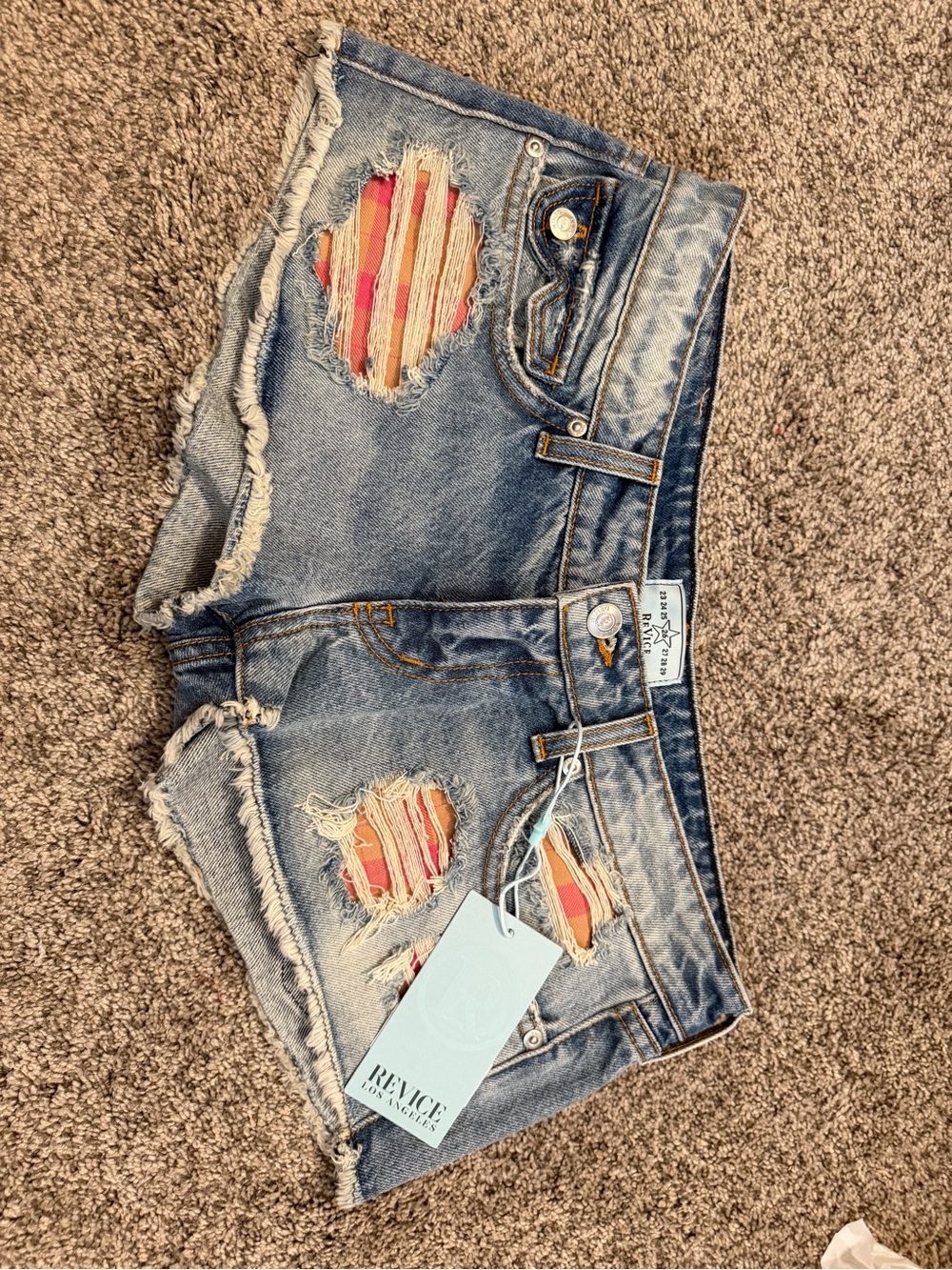 REVICE Light Blue Distressed Denim Shorts with Multicolor Stripe Insets NW